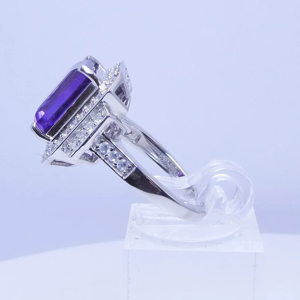 D'Joy Platinum Over 925 Silver Purple Amethyst Zircon Deco Halo Ring 7